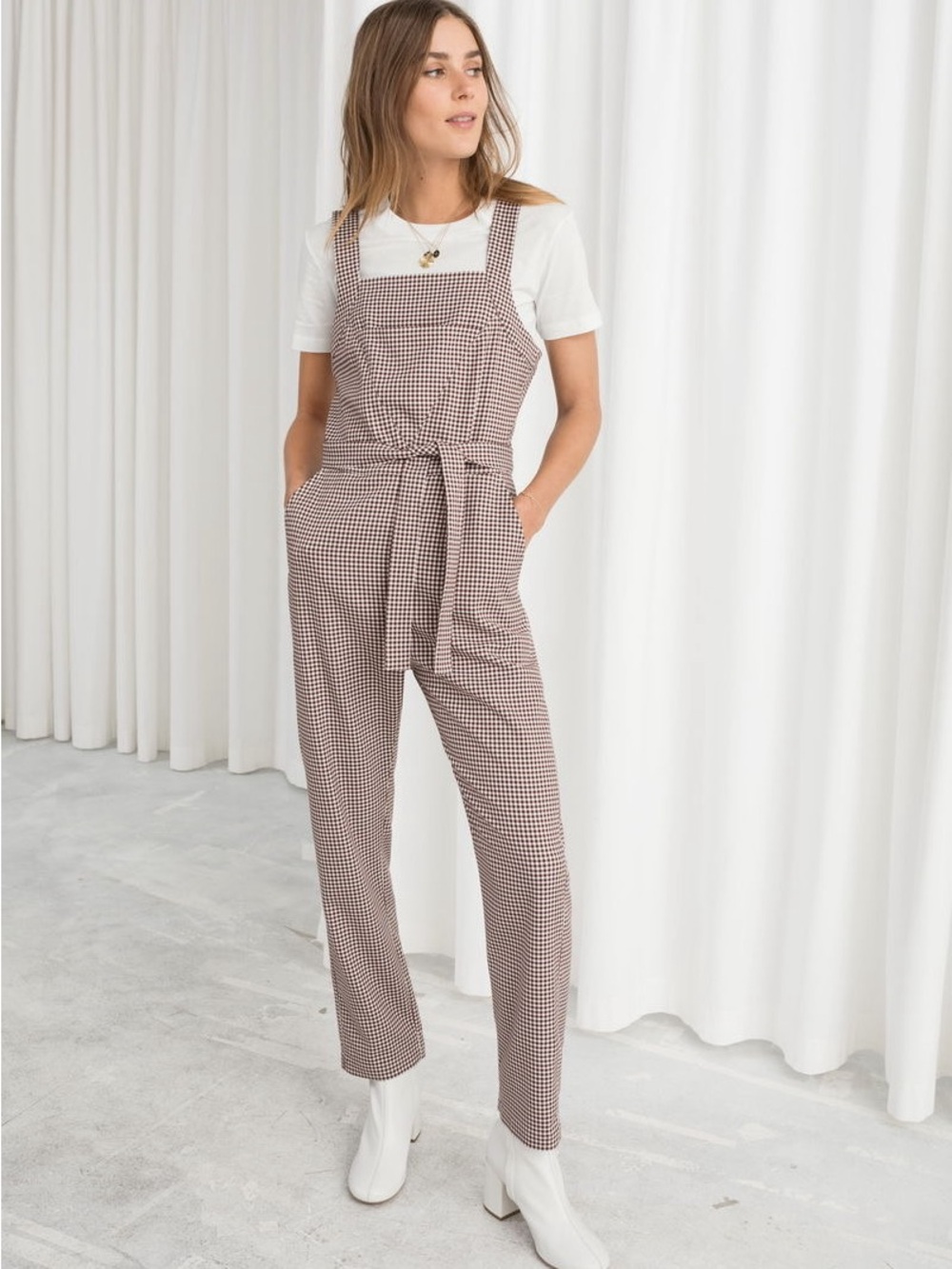 & Other Stories Black and White Gingham Square-Neck Jumpsuit